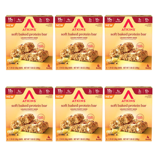 Atkins Lemon Poppyseed Soft Baked Bar unwrapped for on-the-go snacking