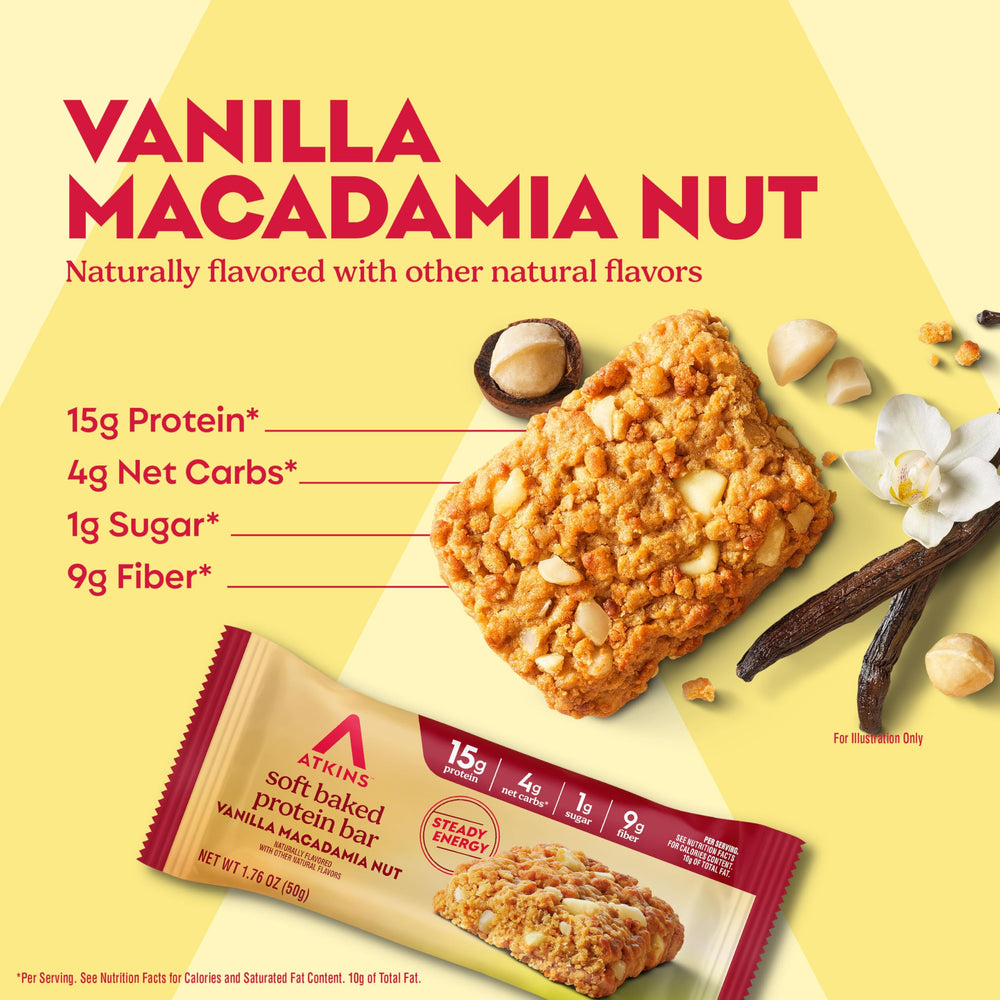 Close up of Atkins Vanilla Macadamia Bar texture and nut bits