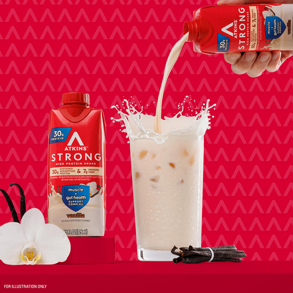 Atkins Strong nutrition facts panel shows 30g protein and 1g sugar per serving.