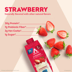 Atkins Strong Strawberry nutrition label shows 7g prebiotic fiber and low net carbs.