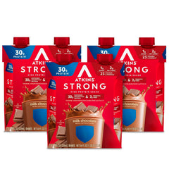 Atkins Strong Milk Chocolate Shake bottle pouring rich protein on the go