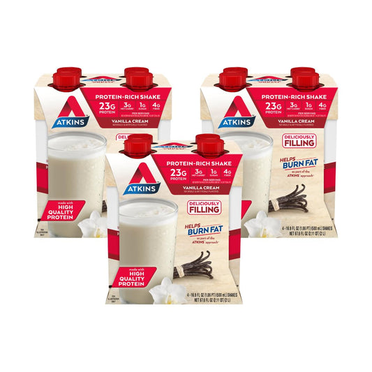 Atkins Vanilla Cream Meal Size Shake carton front, protein-packed meal option.