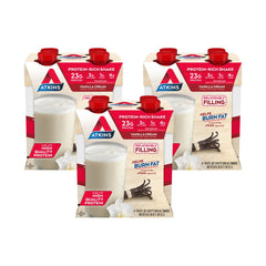 Atkins Vanilla Cream Meal Size Shake carton front, protein-packed meal option.
