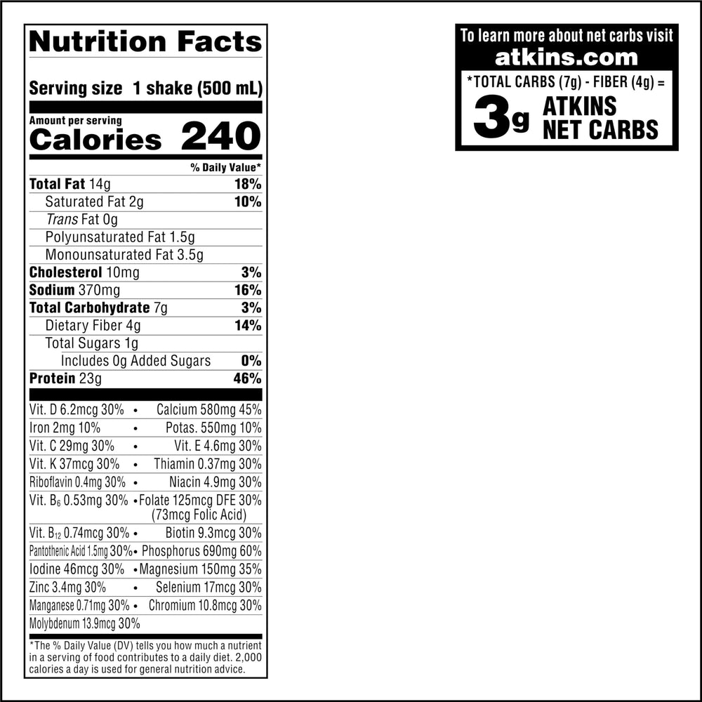 Atkins Vanilla Cream Shake nutrition label, low sugar and gluten-free formulation.
