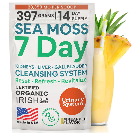 Atlantic Naturals Sea Moss Detox bottle front view with pineapple flavor for a refreshing daily cleanse.