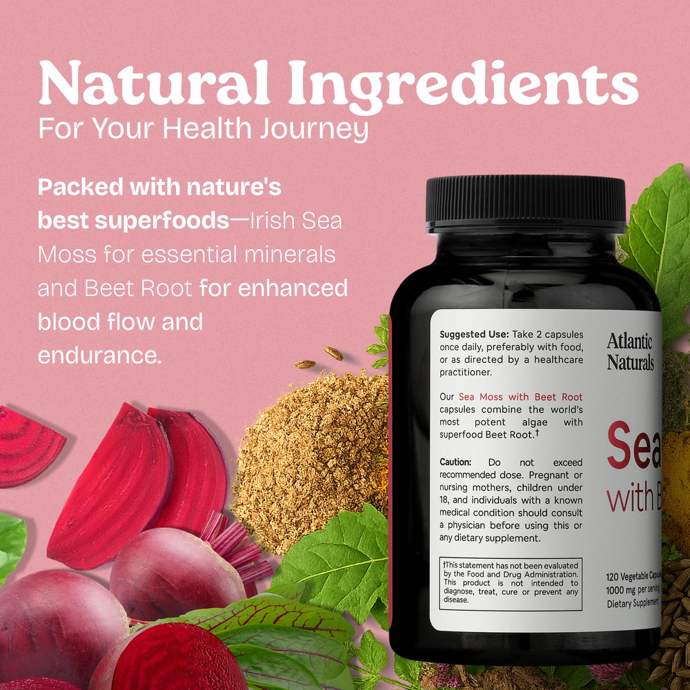 Atlantic Naturals Sea Moss with Beet Root capsules ready for daily use to sustain energy.