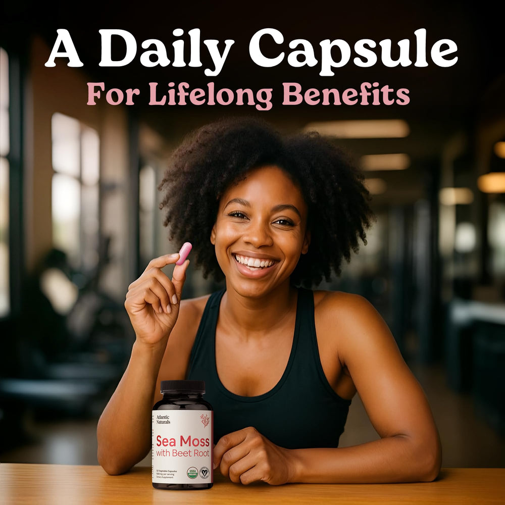 Atlantic Naturals Sea Moss with Beet Root capsules beside a glass to suggest endurance support.