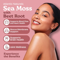 Atlantic Naturals Sea Moss with Beet Root capsules pour shot illustrates easy daily dosing and convenience.