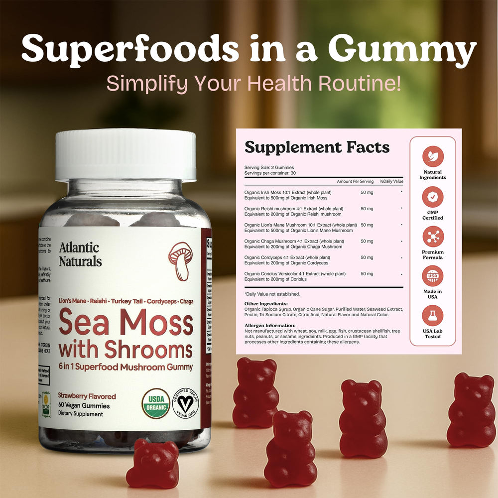 Atlantic Naturals Sea Moss Gummies close-up showing chewy texture and color.