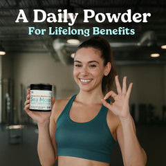 Atlantic Naturals sea moss powder shake in glass showing versatile hydration