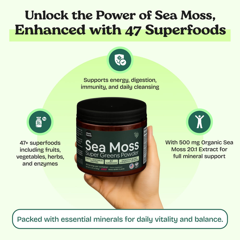 Digestive enzymes blend in Atlantic Naturals greens powder container