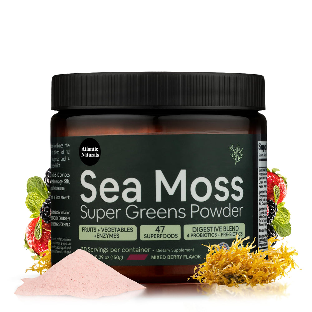 Atlantic Naturals Sea Moss Super Greens powder in a jar for daily nutrition