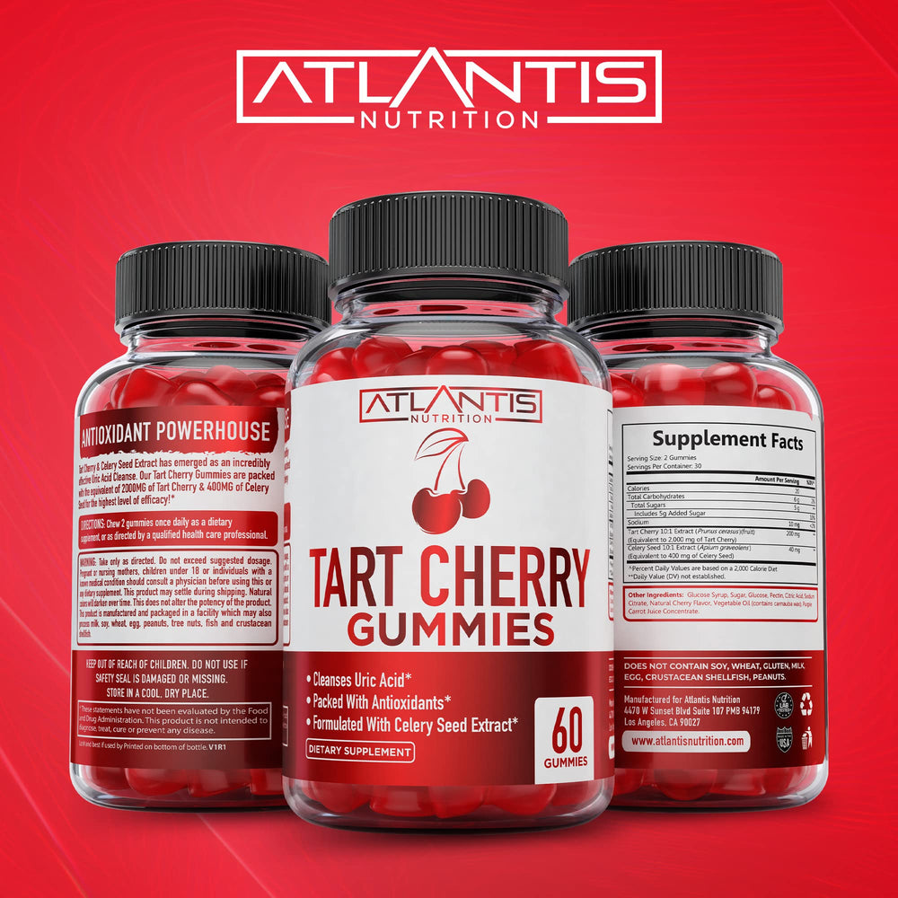 Atlantis Nutrition Tart Cherry Gummies night-use scene showing melatonin-related sleep support.