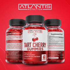 Atlantis Nutrition Tart Cherry Gummies night-use scene showing melatonin-related sleep support.