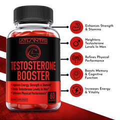 Atlantis Nutrition Testosterone Booster Gummies bottle label shows ingredients and potency.