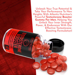 Atlantis Nutrition Testosterone Booster Gummies bottle open shows easy dosing.