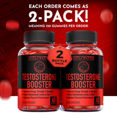 Atlantis Nutrition Testosterone Booster Gummies closeup reveals bright gummies and texture.