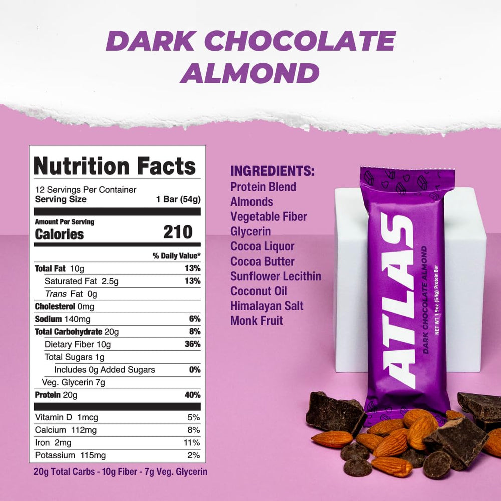 Close-up of Atlas Bar dark chocolate almond bar highlighting chocolate and peanut protein blend.