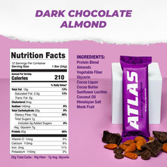 Close-up of Atlas Bar dark chocolate almond bar highlighting chocolate and peanut protein blend.