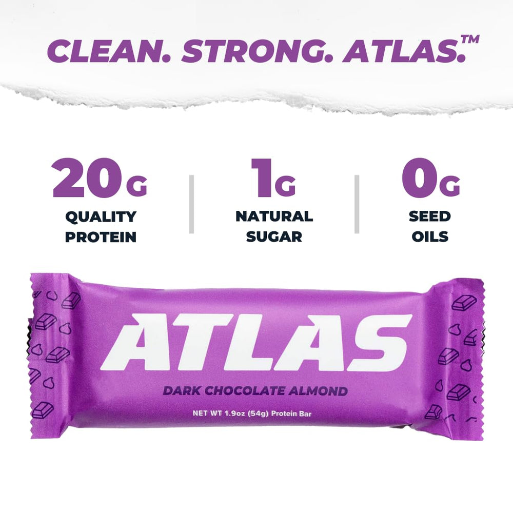 Cross-section of Atlas Bar reveals 20g protein and 1g sugar per bar.