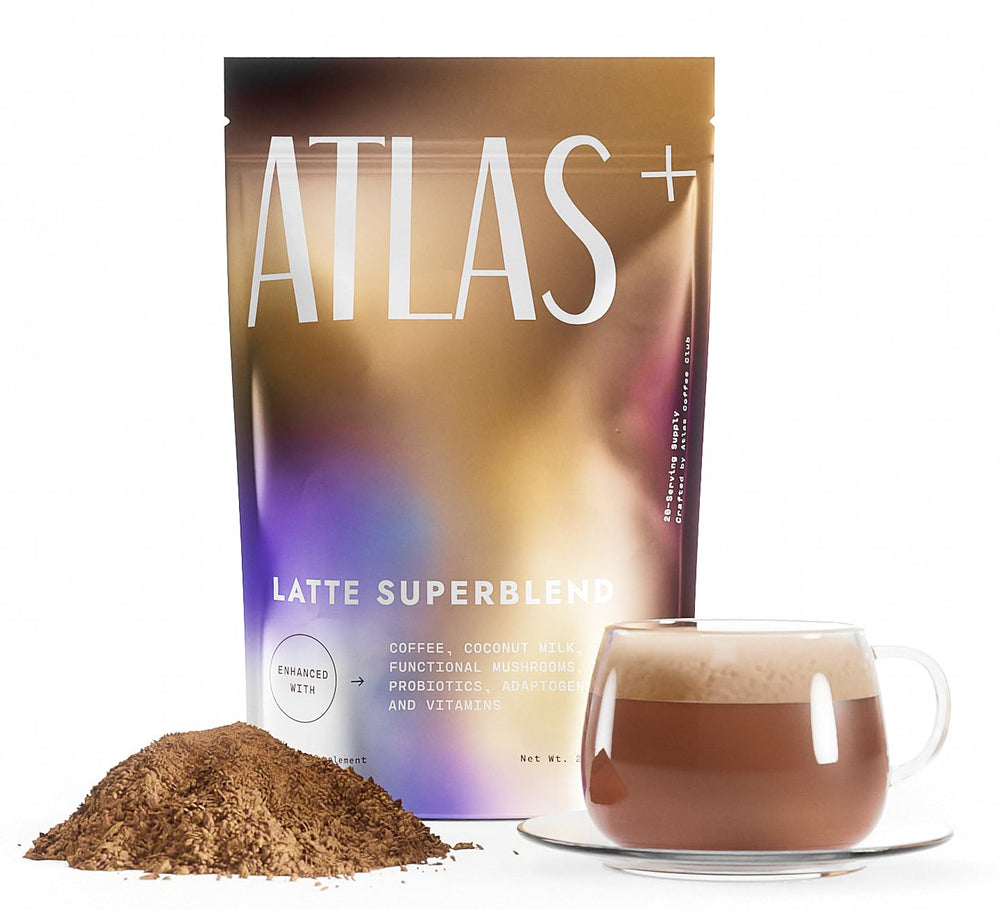 Atlas Coffee Club Atlas+ Latte Superblend packaging showing energy-boosting coffee blend