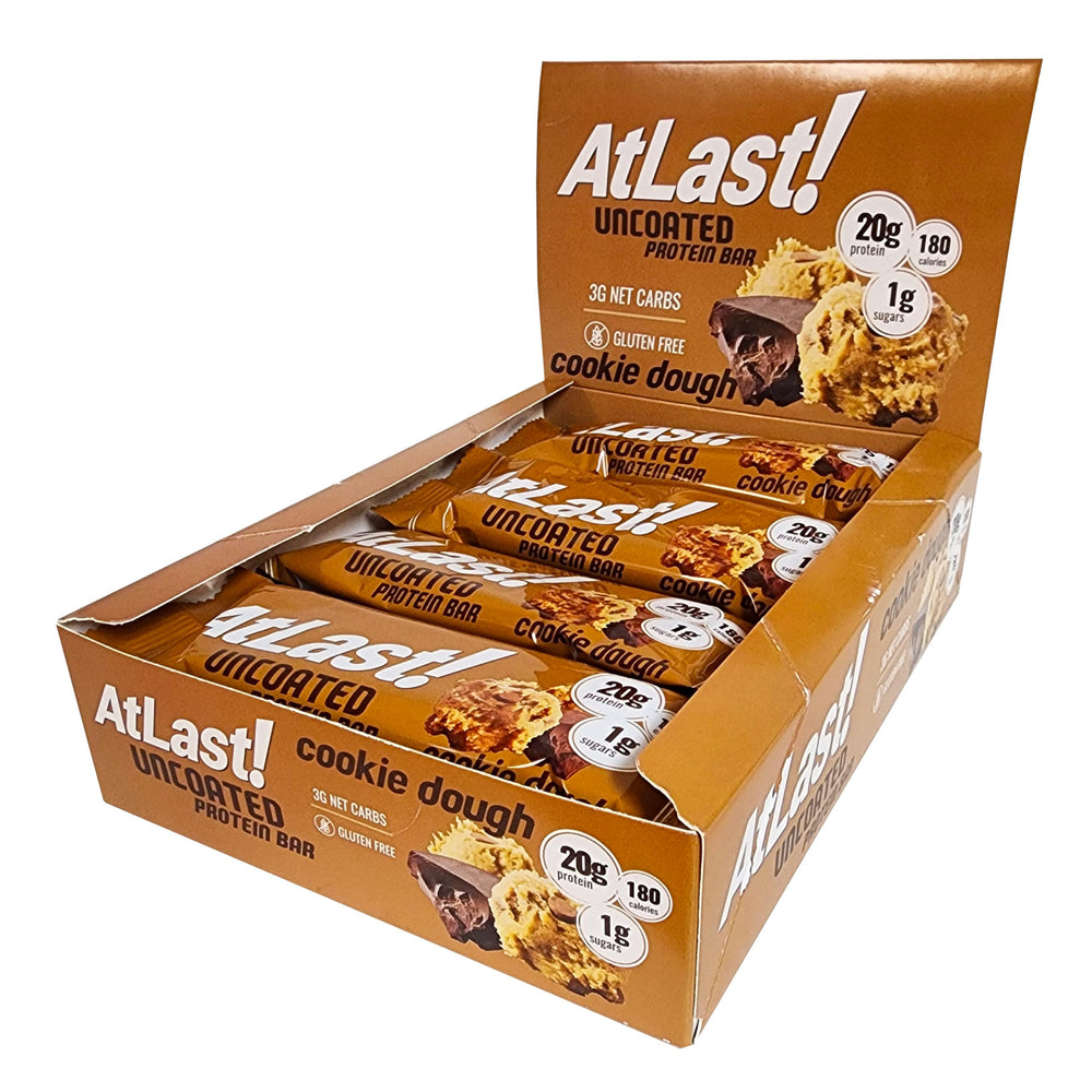 At Last! Cookie Dough Protein Bar nutrition info image showing low sugar and net carbs.