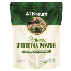 ATNreuro organic spirulina powder front jar displaying vibrant green color for smoothies