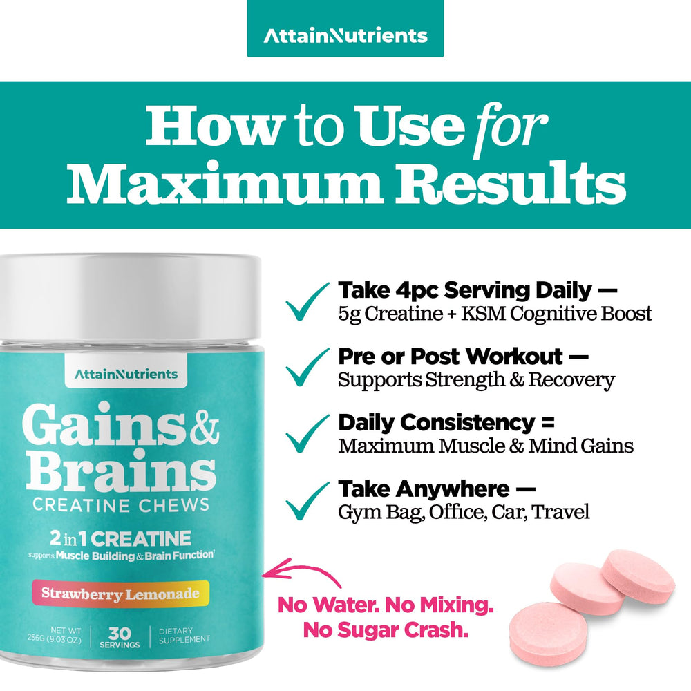 Attain Nutrients Creatine Chews label shows 5g per serving for convenience