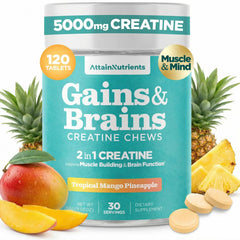 Attain Nutrients Creatine Chews tropical mango bottle for on-the-go fueling.