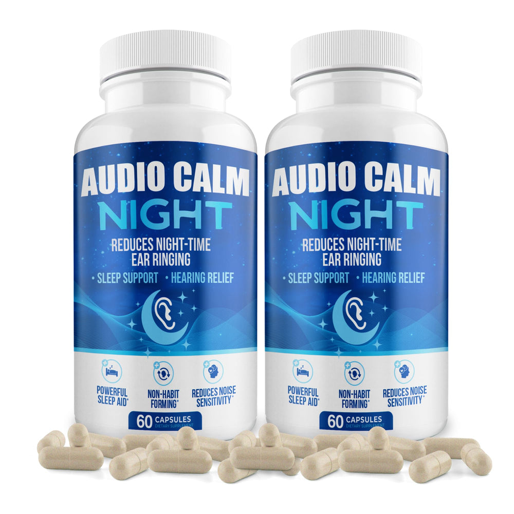Audio Calm Night bottle on nightstand supports a calm, restful bedtime routine.