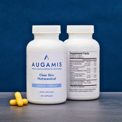 Augamis bottle on bathroom shelf suggests an easy daily routine