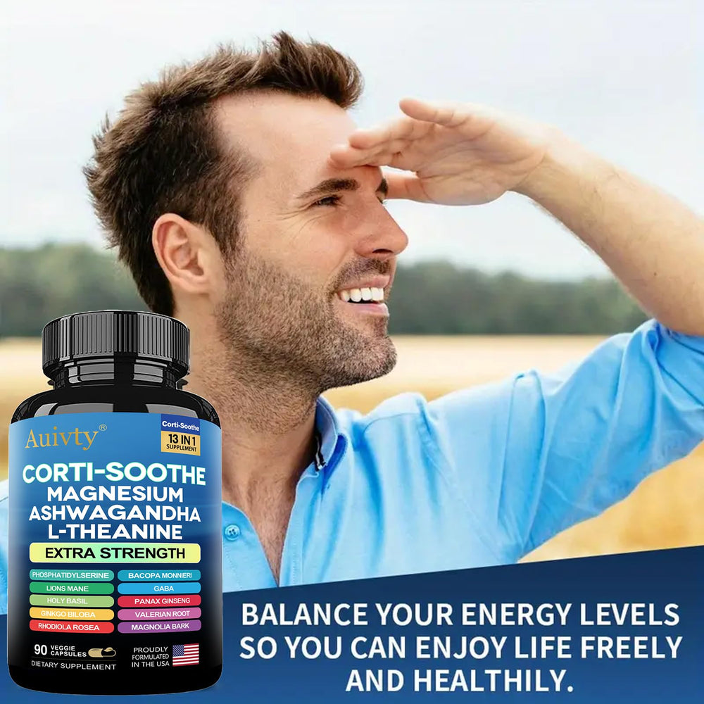 Auivty Cortisol Manager bottle on countertop illustrates daily adrenal support.