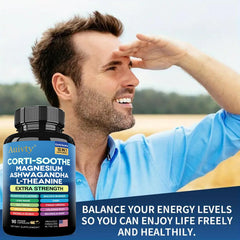 Auivty Cortisol Manager bottle on countertop illustrates daily adrenal support.