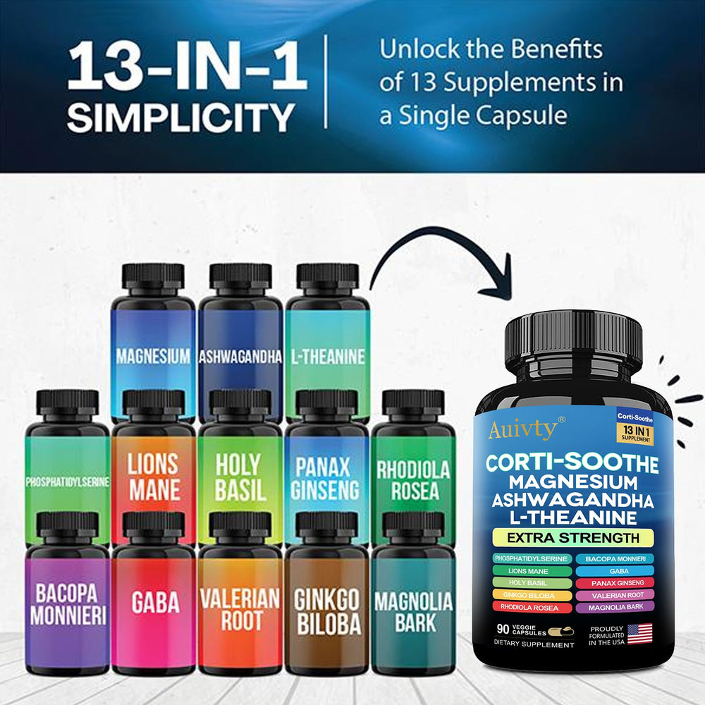 Auivty Cortisol Manager label graphic showing non-GMO and gluten-free formulation.