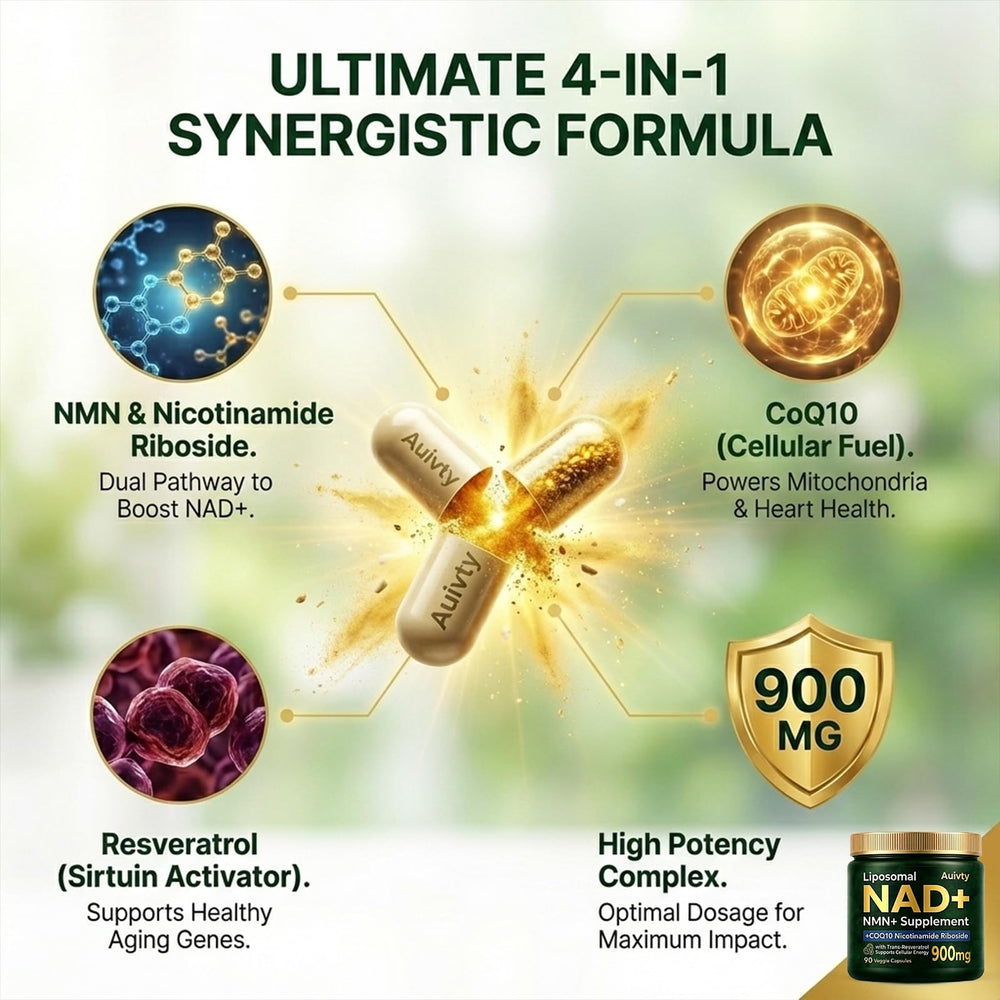 Auivty NAD+ NMN CoQ10 Resveratrol capsules close-up for cellular vitality.
