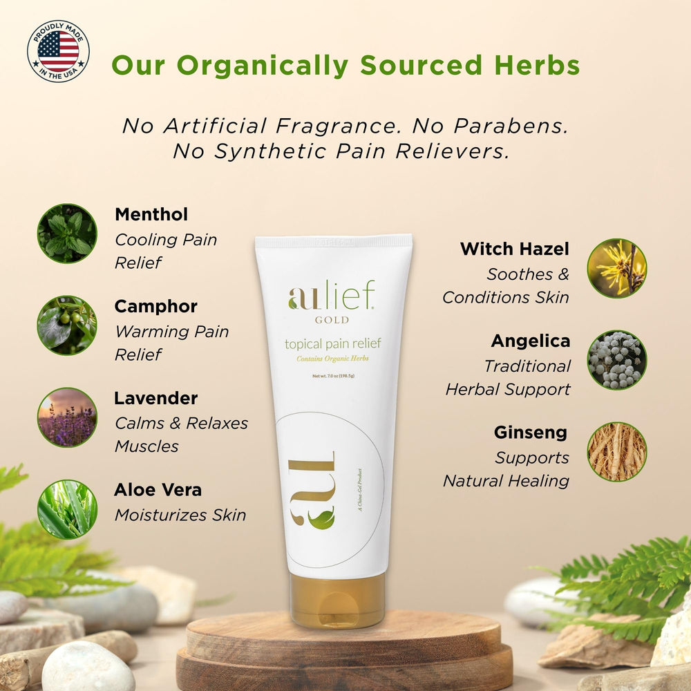 Aulief Gold cream texture close-up for fast-absorbing, non-greasy relief.
