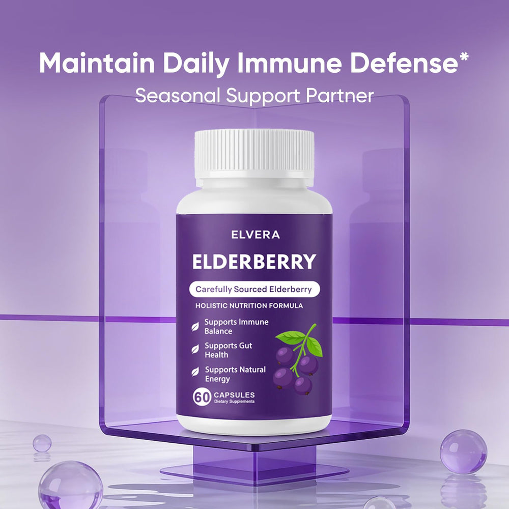 Aultink Elvera elderberry softcaps label highlights digestive comfort benefits.