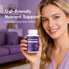 Aultink Elvera elderberry softcaps served with water for natural energy support.