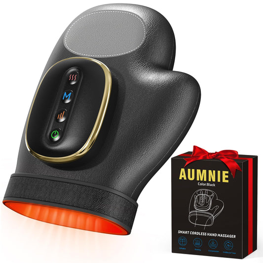 AUMNIE hand massager front view showing heat and compression for targeted relief