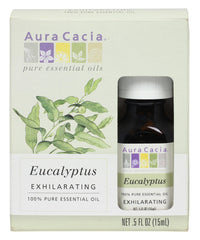 Aura Cacia pure eucalyptus essential oil bottle close-up, refreshing aroma for inhalation.