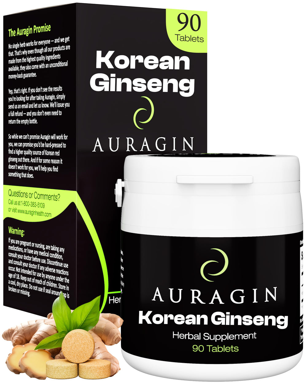 Auragin Korean red ginseng tablet close-up with six-year roots for natural vitality.