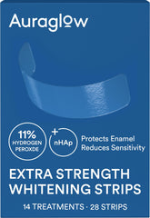 Auraglow extra-strength strips upper-arch coverage for uniform whitening across the smile