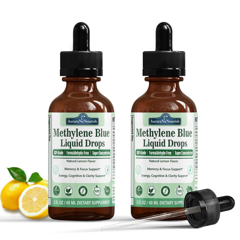AuraraNeNourish Methylene Blue Drops 1% bottle with precise dropper for easy dosing and focus support