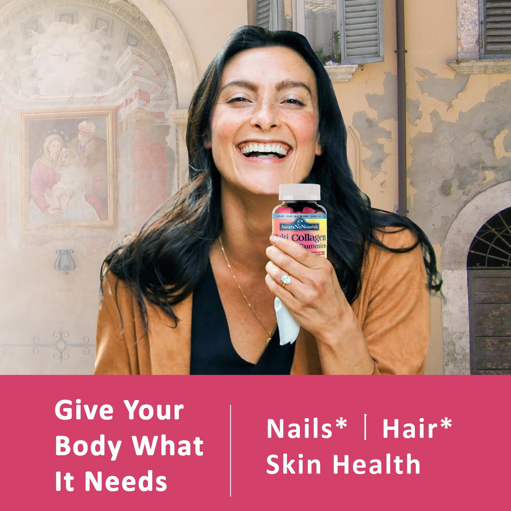 AuraraNeNourish strawberry collagen gummies close-up bottle, easy chewing for skin, hair, and nails.