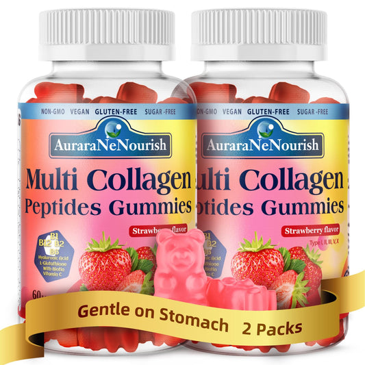 AuraraNeNourish two-pack strawberry collagen gummies on display, convenient daily beauty support.