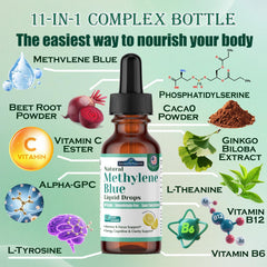AuraraNeNourish methylene blue drops with detailed label, highlighting 11-in-1 brain matrix benefits.