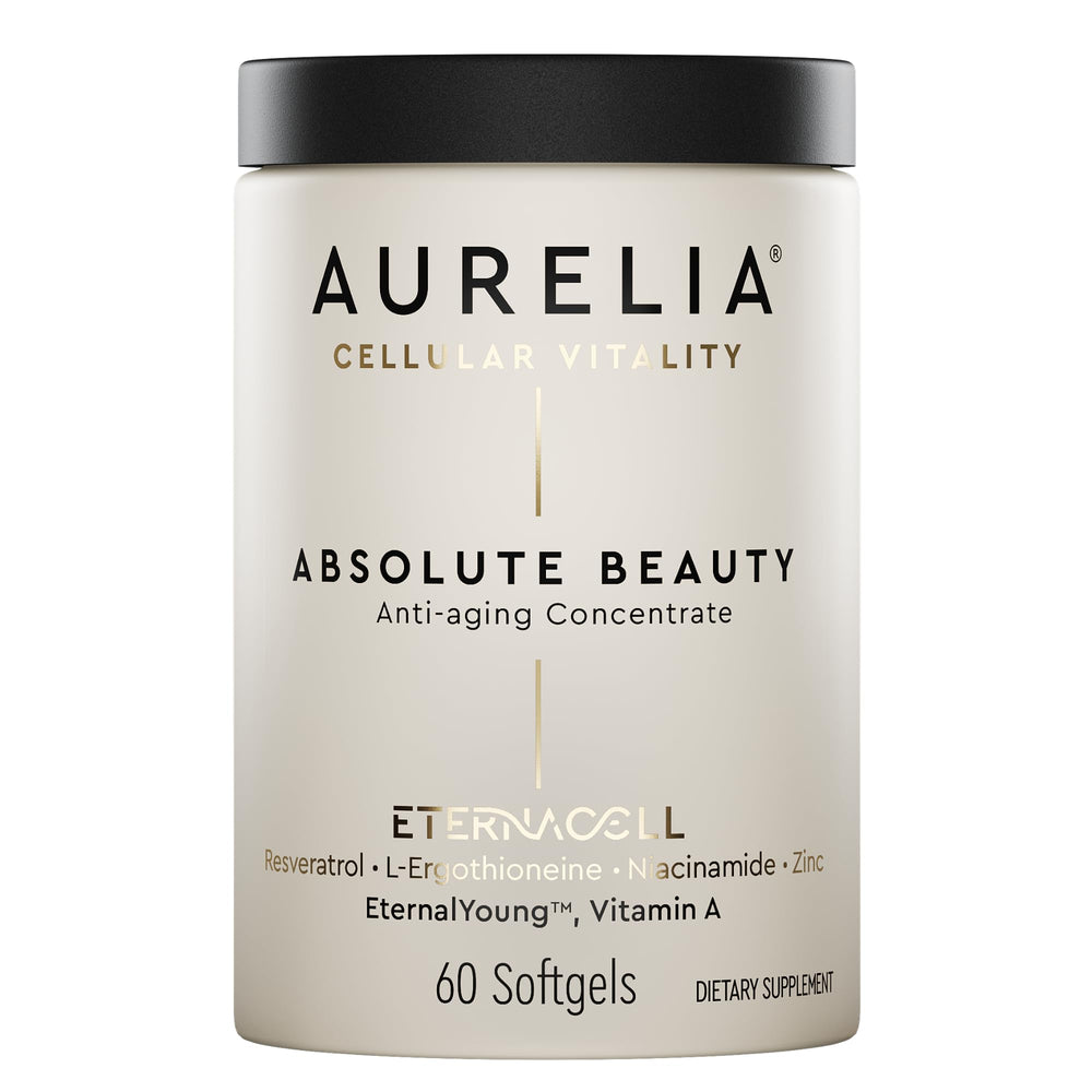 AURELIA Absolute Beauty bottle closeup with premium packaging for radiant skin support