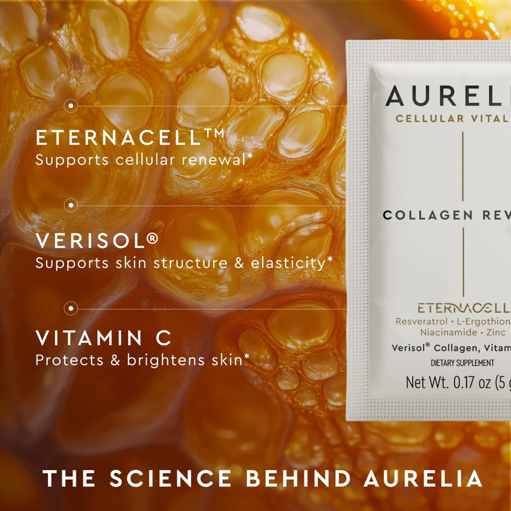 AURELIA Collagen Revive label detail highlights zinc and vitamin C ingredients.