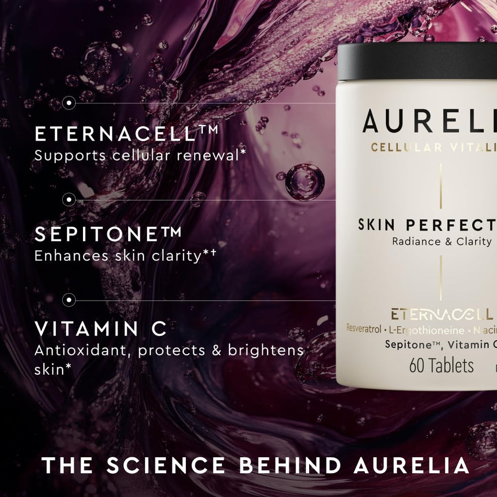 AURELIA Skin Perfection tablet display emphasizes compact, portable supplement form.