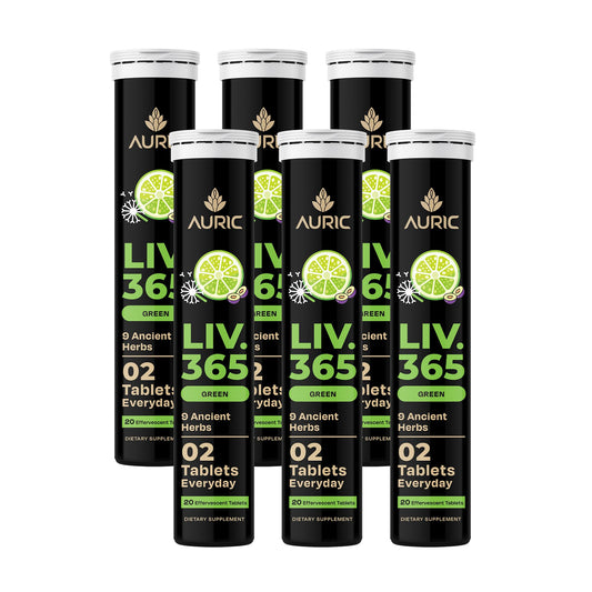 Auric Liv365 lemon-flavor tablets close-up for daily detox support.